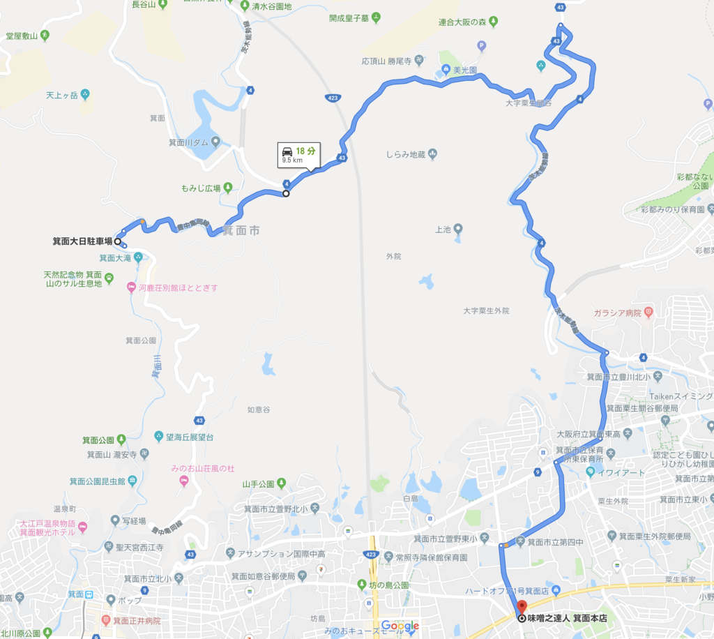 箕面大日駐車場から味噌之達人 箕面本店へ